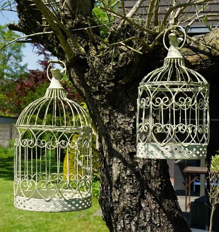 Deko Vogelkäfig Dekokäfig 2er-Set Vögel Nostalgie Antik-Sil Weiß 33cm