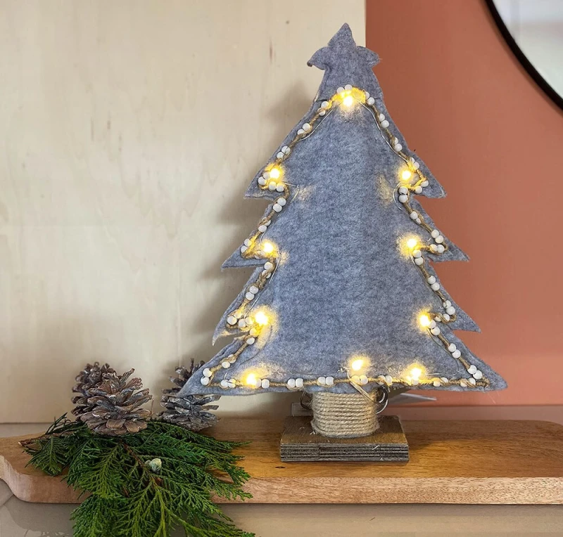 LED Weihnachtsbaum Tanne Filz Grau Beleuchtung Warmweiß Timer Tischdeko 40cm