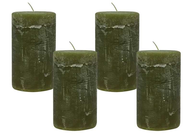 4 Rustic Stumpenkerzen Premium Kerze Dunkelgrün Oliv 7x12cm - 55 Std Brenndauer