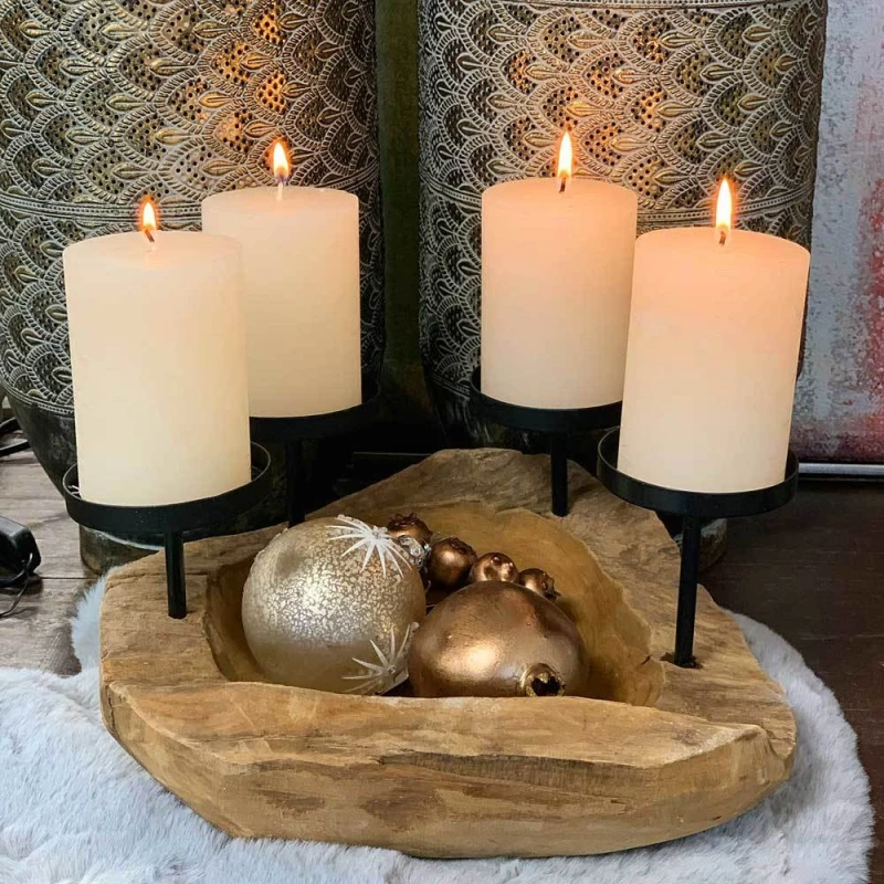 Adventskranz Schale Holz zum Dekorieren 4 Kerzenhalter Tischleuchter Teak Rund