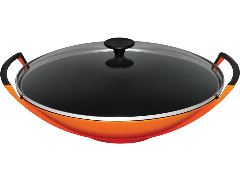 Le Creuset Wok mit Glasdeckel Gusseisen Ofenrot 36cm