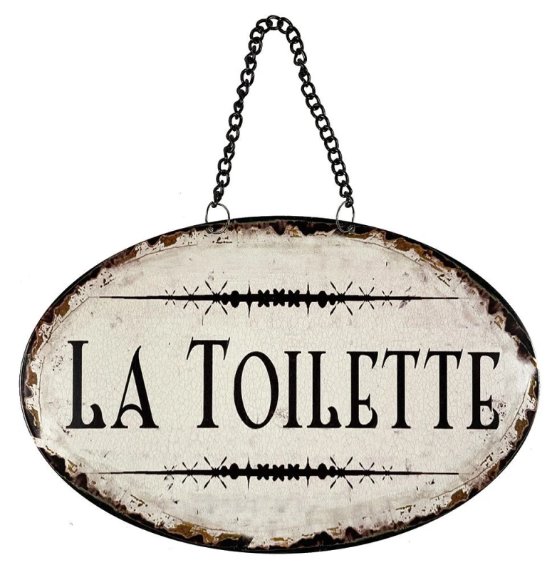 Blechschild LA TOILETTE Türschild Oval Kette Metall Vintage Braun Weiß Nostalgie