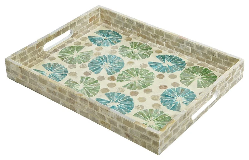 Tablett Serviertablett Keramik Steinoptik Blumen Mediterran Vintage-Stil 38x29cm