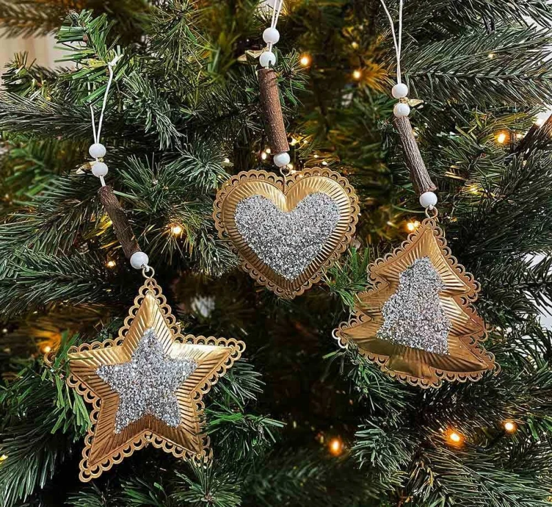 Christbaumschmuck Stern Baum Herz 3 Stück Gold Glitzer Christbaumanhänger