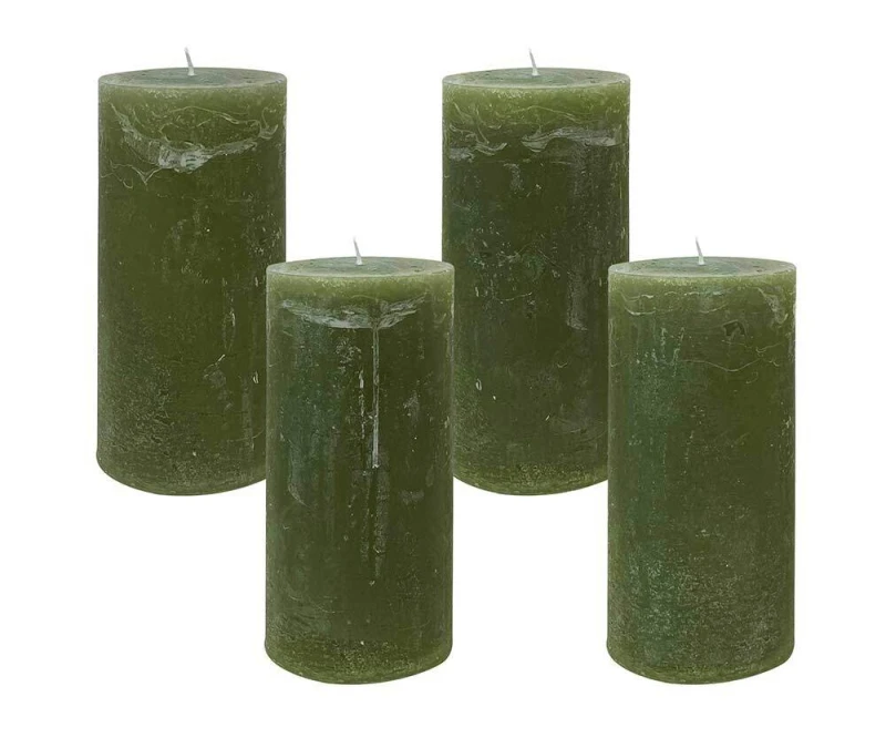 4 Rustic Stumpenkerzen Premium Kerze Oliv Grün 6x12cm - 45 Std Brenndauer