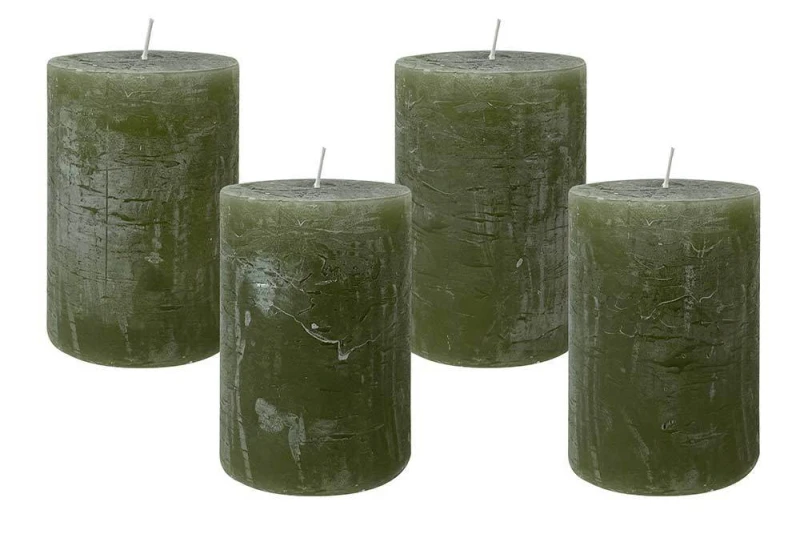 4 Rustic Stumpenkerzen Premium Kerze Oliv Grün 7x10cm - 45 Std Brenndauer