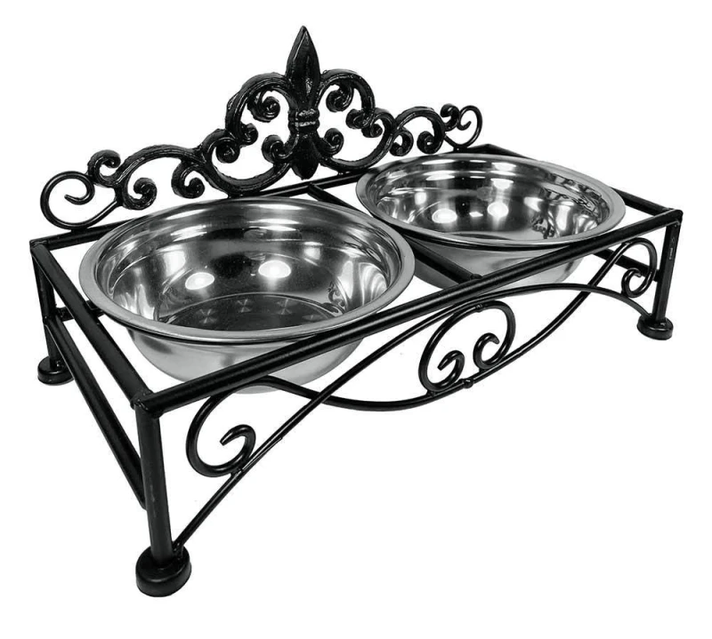 Futternapf Landhausstil Lilie Doppelnapf Hund Katze Fressnapf Schwarz 36 cm