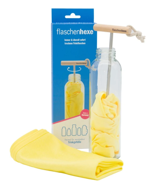 Flaschenhexe Set Trinkflasche einfach trocknen Flaschenbürste 2 x Mikrofasertuch