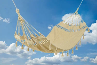 Hängematte Ibiza mit Fransen Tuchhängematte Baumwolle ohne Spreizstab Creme-Weiß