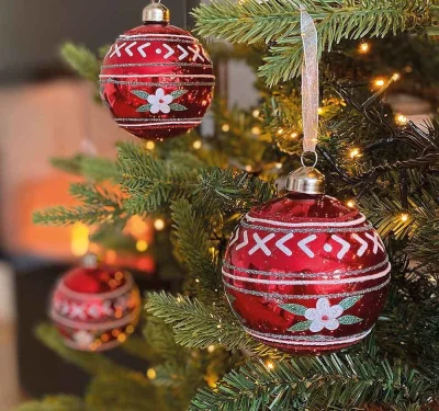 Weihnachtskugeln Rot mit Blume Glas 3 Stück Christbaumkugeln Landhausstil 8 cm