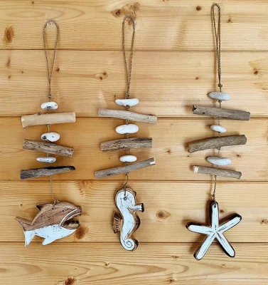 3 x Hängedeko Holz Fisch Seestern Seepferdchen Strandgut Maritime Deko