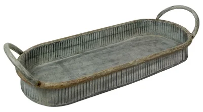 Tablett Zink Oval mit Griffen Dekotablett Vintage Antik-Stil 36x14cm