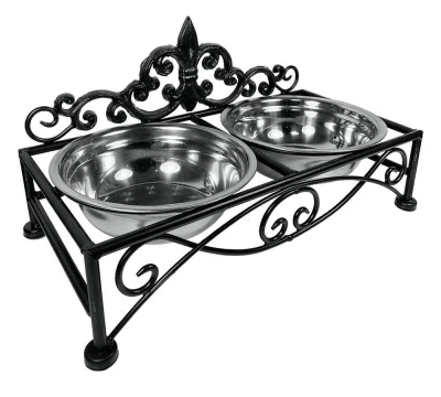 Futternapf Landhausstil Lilie Doppelnapf Hund Katze Fressnapf Schwarz 36 cm