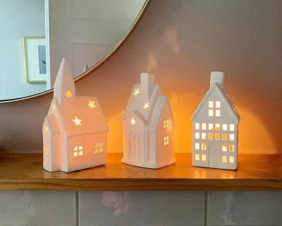 Lichthaus Keramik Weiß 3 Stück für Teelichter Lichthäuser Weihnachtsdeko